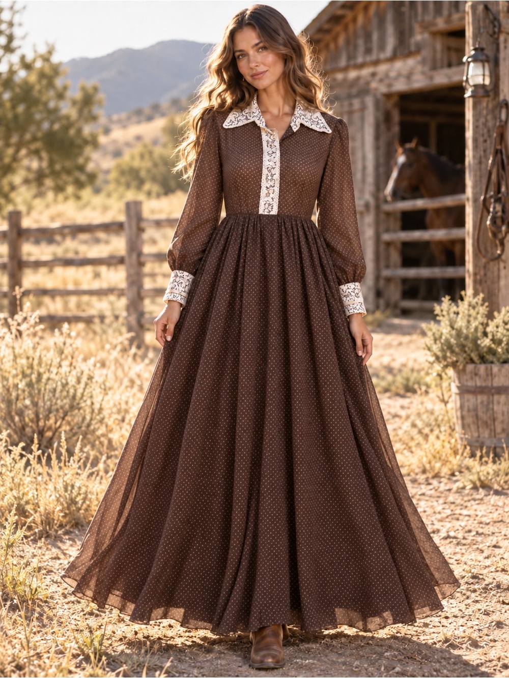 VTG 70s Fred Rothschild Brown Polka Dot Chiffon Prairie Maxi Dress L Western